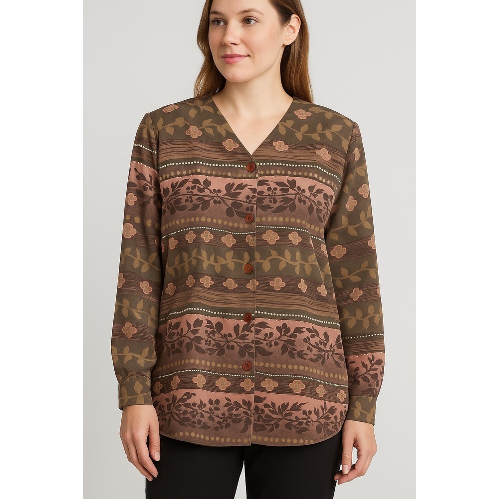 Alia Women's Blouse Size 16 Brown Pink Floral Stripe Button Front Long Sleeve...